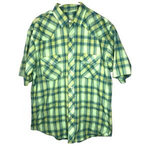 Roper Men's Pearl Snap Western Shirt Size L Green Blue Plaid Rodeo Cowboy Vtg